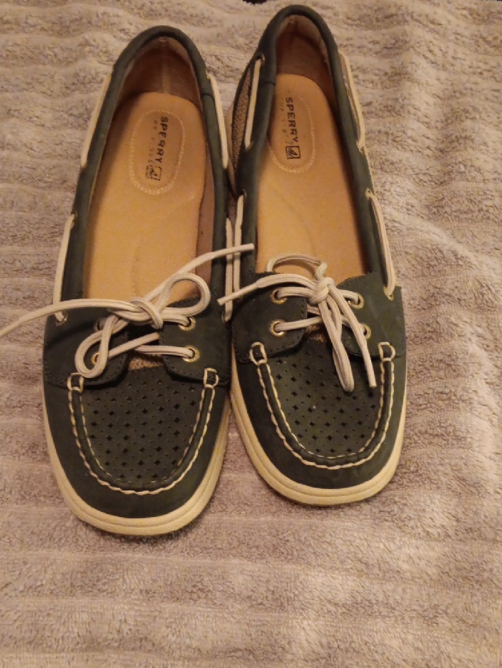 Sperry Perforated Moccasin Boat Shoes in Dark Green with White Laces